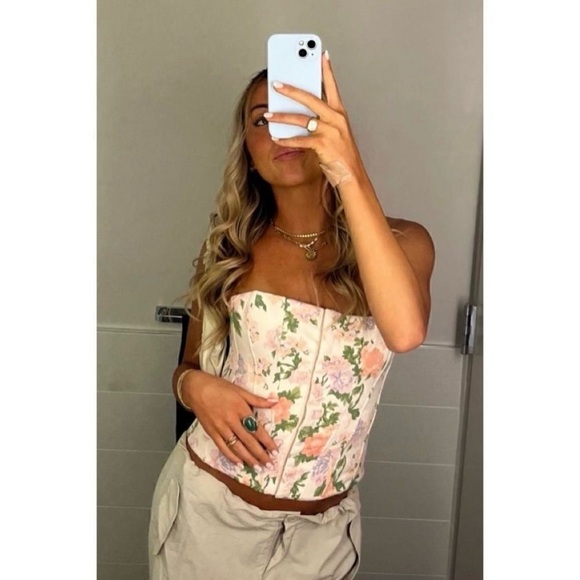 Zara Pastel Floral Corset Strapless Top Sz Small Blogger Favorite Cottage Fairy - Picture 5 of 7